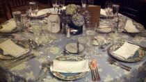 wedding photo -  blue, white, table setting, decoration, reception, china, hydrangea