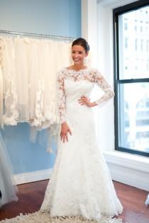 wedding photo -  White Lace Illusion Neckline, Long Sleeved Wedding Dress | Uzun Kollu Fransiz Gupuru Dantel Gelinlik Modeli