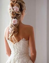wedding photo -  Half Up Half Down Wedding Hairstyles With Pink Flowers ♥ Beach Wedding Hairstyles 