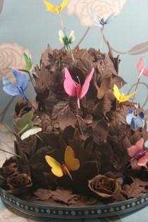 wedding photo - Chocolate Cake Covered With Leaves And Butterflies