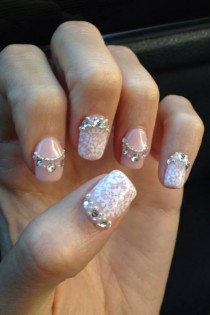 wedding photo - Pink and white nail art with crystals