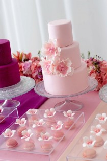 wedding photo - Classic pink wedding cake with flowers