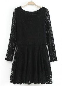 wedding photo - Black Long Sleeve Embroidered Lace Pleated Dress - Sheinside.com