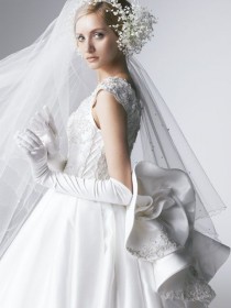 wedding photo - White satin wedding dress with flowers