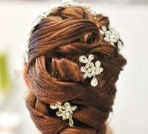 wedding photo - Rhinestone Wedding Hair Headpiece Dangle Floral Hair Alligator Clips