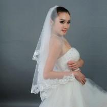 wedding photo - 1T 67"White Embroidery Lace Edge Semi Waltz Length Bridal Wedding Veil 110031