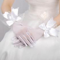 wedding photo - White Tulle Wrist Length Wedding Bridal Party Gloves W/ Beaded Bowknot Fingered