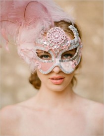 wedding photo - Pink-colored Bridal masquerade mask with the feather.