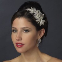 wedding photo - Diamante Crystal And Pearl Leaf Side Bridal Headband.