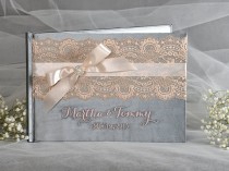 wedding photo - Wedding Guestbook,  Grey and Peach  Wedding Guest Book, Peach Lace Guestbook, Custom Guestbook, Vintage guestbook - New