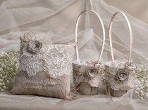 wedding photo - Flower Girl Basket & Ring Bearer Pillow Set, Shabby Chic Natural Linen Burlap , Embriodery Names - New