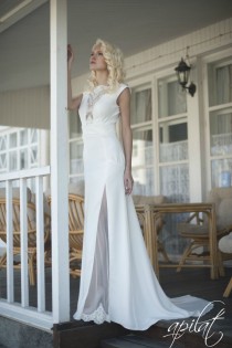 wedding photo - Long Wedding Dress, Ivory Wedding Gown With Open Back, Crepe and Tulle Dress with Handmade Embellishments, Wedding Dress with Train L16 - New