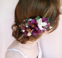wedding photo - eggplant hair accessories, rustic bridal hairpiece, purple hair accessory, floral bridal clip, aubergine -THISTLE- woodland bridal headpiece - New