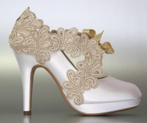 wedding photo - Wedding Shoes -- Light Ivory Platform Wedding Shoes with a Champagne Lace Overlay and Front Champagne Lace - New