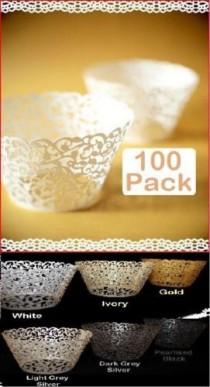 wedding photo - 100 X White Pearl Lace Filigree Wedding Cupcake Wrapper Baking Cake Cups Wraps