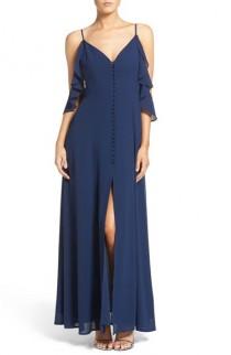wedding photo - Lulus Off the Shoulder Front Slit Chiffon Gown 