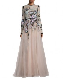 wedding photo - Floral-Embroidered Long-Sleeve Gown, Blush/Multi