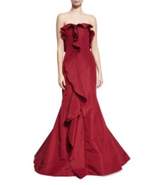 Strapless Cascade-Ruffle Gown, Dark Red wedding photo - Strapless Cascade-Ruffle Gown, Dark Red