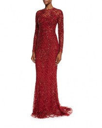 Long-Sleeve Illusion Lattice Gown, Scarlet Red wedding photo - Long-Sleeve Illusion Lattice Gown, Scarlet Red