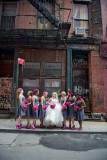 wedding photo - Bride and Bridesmaids Photography ♥ Gray Bridesmaids Dresses and Pop of Pink Wedding Flower Bouquets 