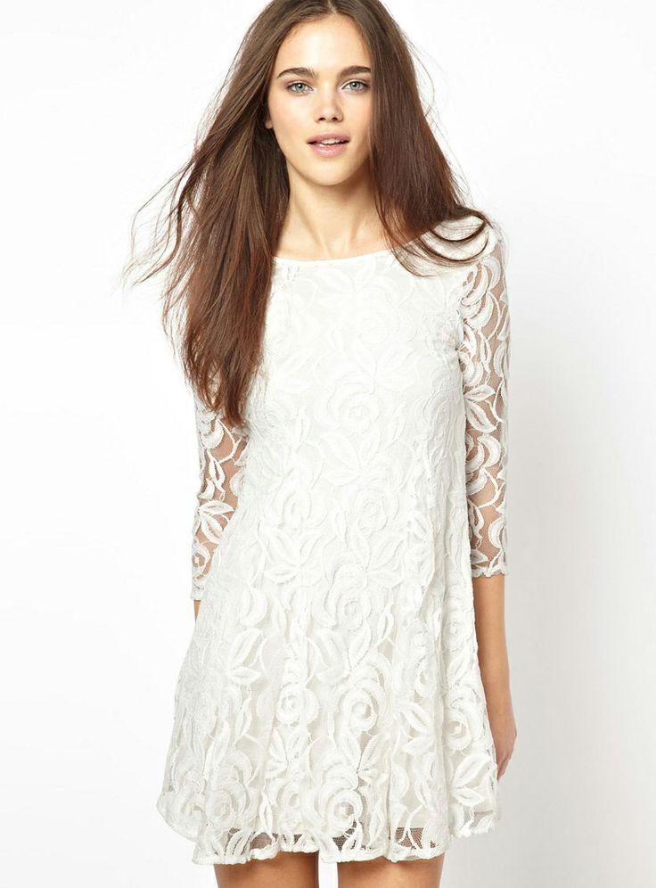 White Round Neck Embroidered Ruffle Lace Dress - Sheinside.com #2027531 ...